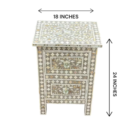 Handmade Mother of Pearl Inlay Nightstand: Grey Floral Bedside Table