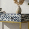 Blue Bone Inlay Console Table: Handmade Floral Desk with Brass Base