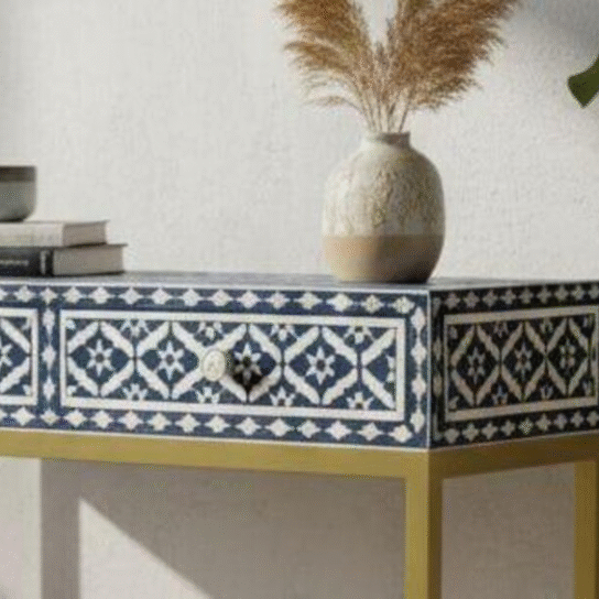 Blue Bone Inlay Console Table: Handmade Floral Desk with Brass Base