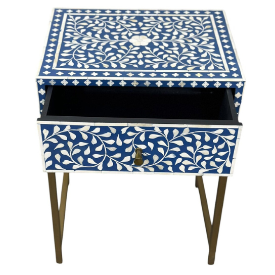 Handmade Bone Inlay Nightstand: Brass Leg Bedside Table