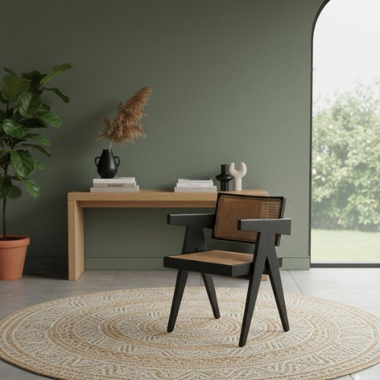 Handmade Pierre Jeanneret Style Back Accent Wooden Chair: Mid-Century Modern Style Rattan Cane