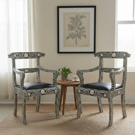 Handmade Bone Inlay Armchair: Black & White Floral Carved Accent Chair