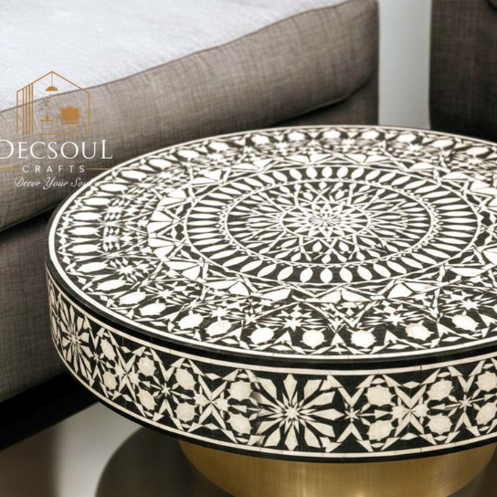 Bone Inlay Round Coffee Table Floral & Geometric Medallion Bone Inlay-Hand Made Home Decor