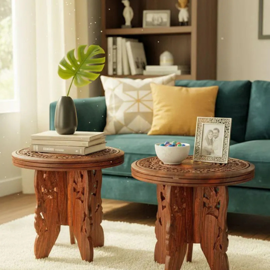 Handcrafted Wood Carved Side Tables | Boho Indian Decor, Set of 2