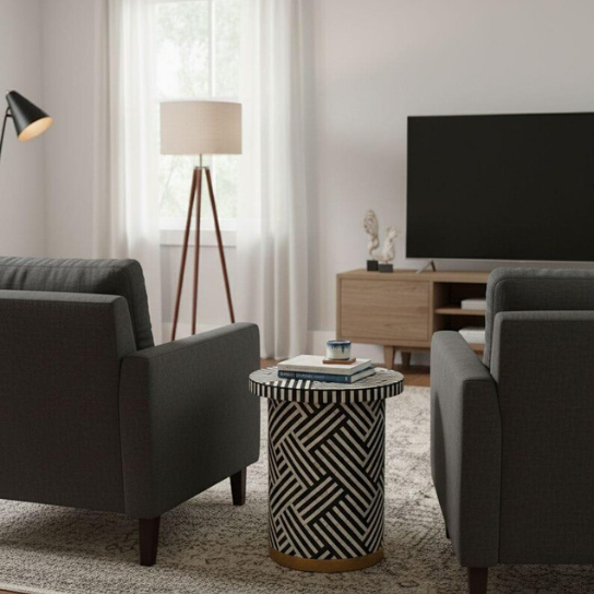 Handmade Bone Inlay Side Table | Geometric Brass Accent