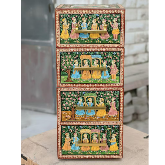 2 Hand Painted Wooden Chest | Indian Miniature Art, 4-Drawer Storage,Decorative Storage