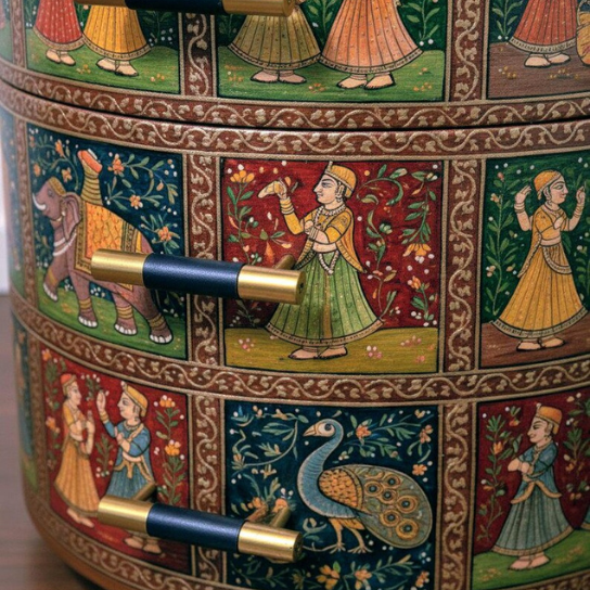 Hand-Painted Rajasthani Round Wooden Chest | Indian Art Furniture | Ethnic Storage Cabinet | Traditional Beside
