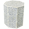 Hexagonal Bone Inlay Side Table: Handcrafted Leaf Pattern, Gray Accent