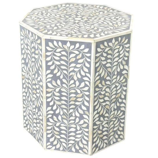 Hexagonal Bone Inlay Side Table: Handcrafted Leaf Pattern, Gray Accent