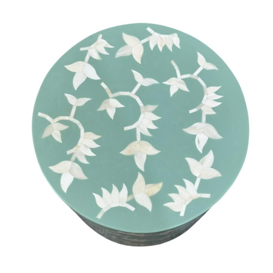 Turquoise Bone Inlay Side Table: Handmade Floral Accent, Boho Decor