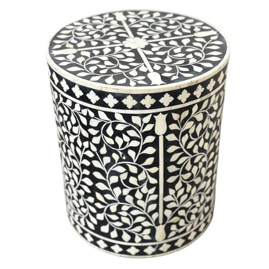 Bone Inlay Drum Side Table: Handmade Geometric Accent Table