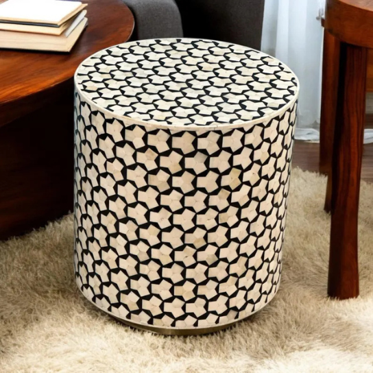 2 Bone Inlay Drum Side Table: Handmade Black & White Geometric Accent Table