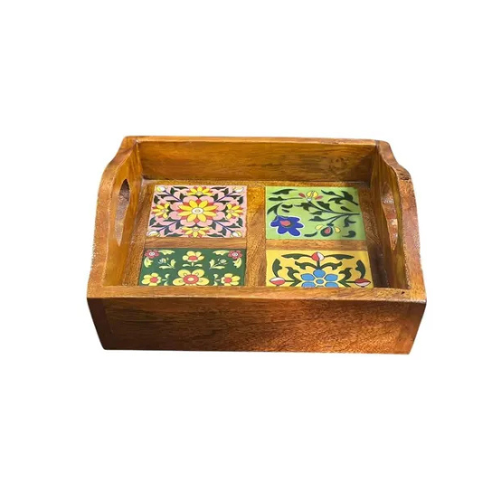Handcrafted Mango Wood Serving Tray: Floral Ceramic Tiles, Indian Art