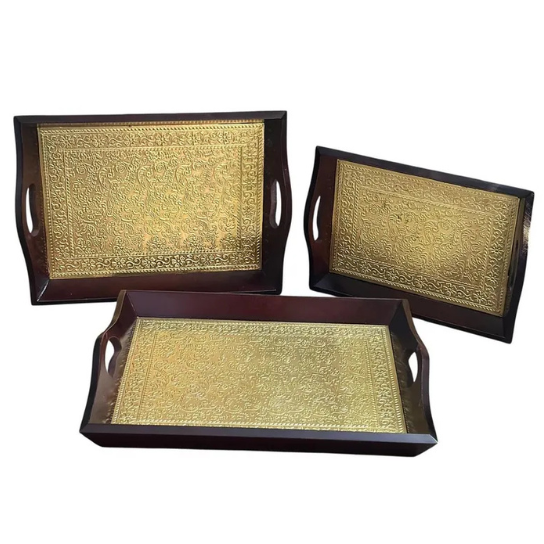 Handcrafted Wooden Tray Set with Engraved Brass Inlay: Royal Antique Decor