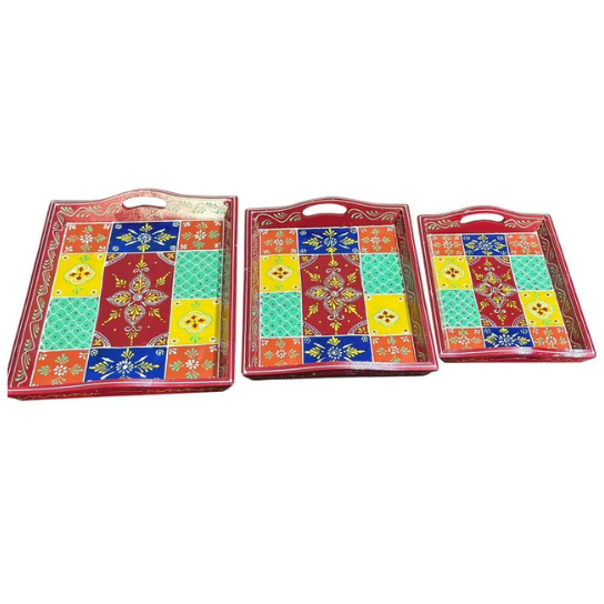 Hand-Painted Wooden Tray Set: Rajasthani Folk Art, Set of 3