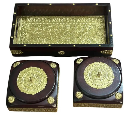 Brass Inlay Wooden Tray with Dual Serving Bowls – Antique Finish-Revolving-Dry Fruit-Handmade-Royal-Rajwada-Gift-Interior Decor