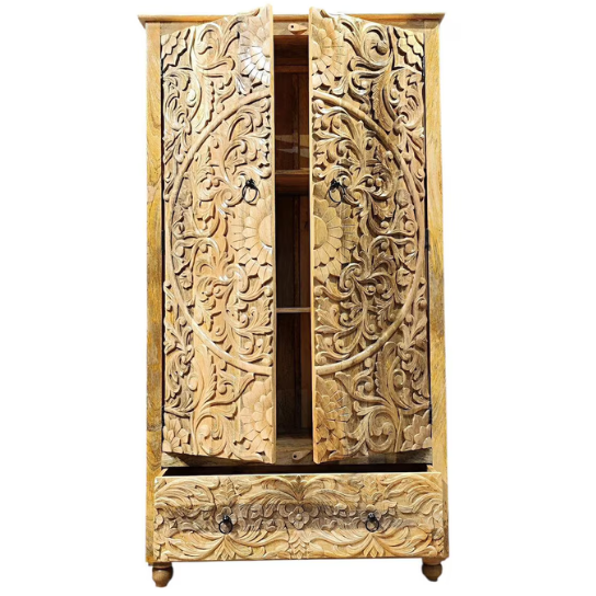 Hand Carved Mango Wood Armoire: Bohemian Mandala Floral Wardrobe