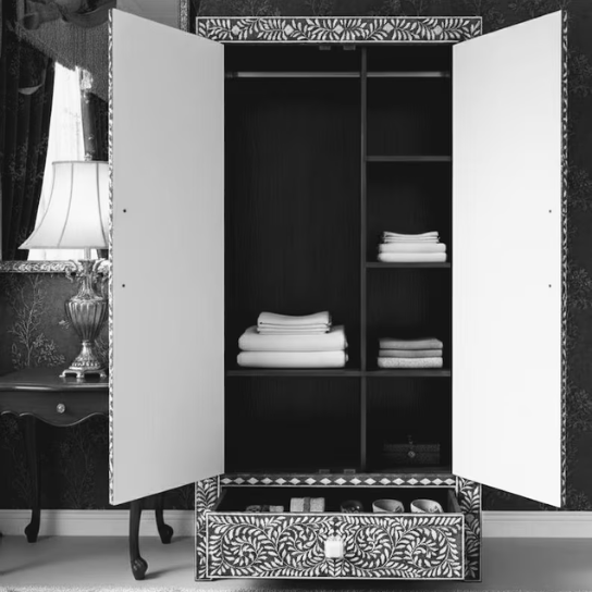 Bone Inlay Armoire – Handmade Indian Storage Cabinet, Luxury Bedroom Wardrobe, Intricate Floral Inlay Furniture