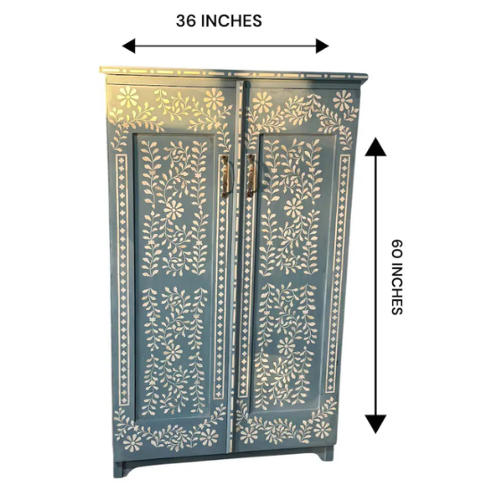 Handmade Bone Inlay Armoire: Boho Floral Accent Cabinet