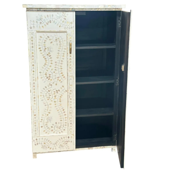 Mother of Pearl Inlay Wardrobe | White MOP Armoire | Floral Storage Cabinet | Luxury Bedroom Furniture