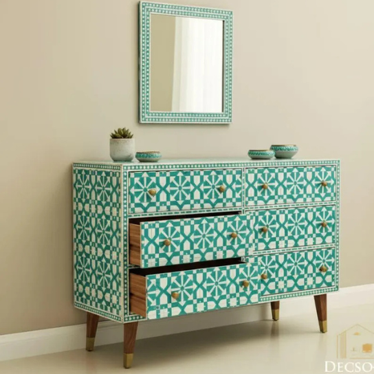 Green Geometric Bone Inlay Cabinet | Handmade Modern Sideboard | Luxury Accent Storage Furniture.