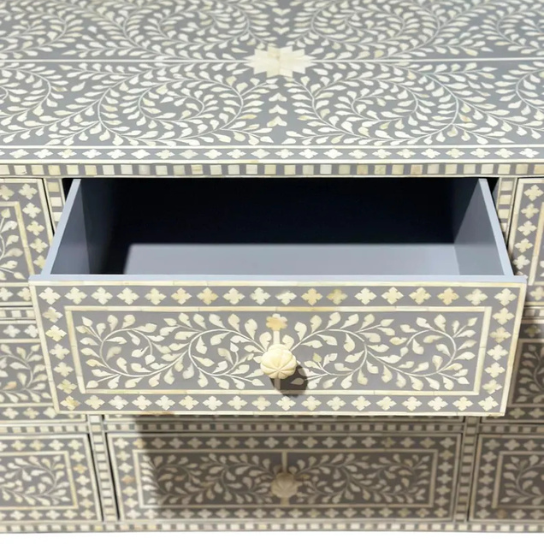 Handmade Gray Bone Inlay Dresser: Boho 9-Drawer Storage Cabinet