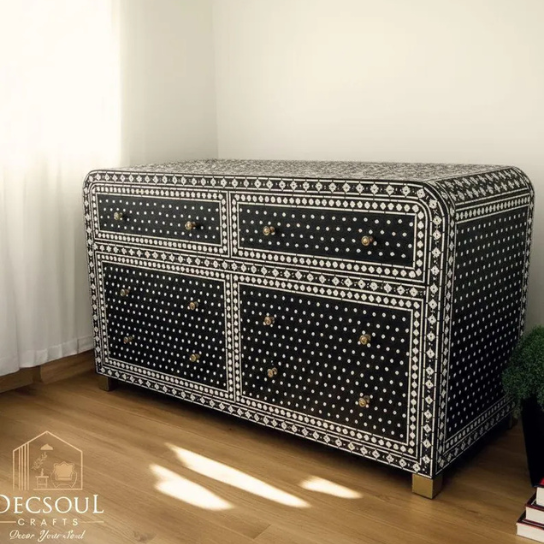 Handmade Bone Inlay Chest of Drawers: Black Floral 4 Drawer Dresser