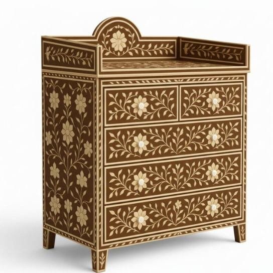 Floral Bone Inlay Dresser – Handmade Indian Boho 5-Drawer Chest