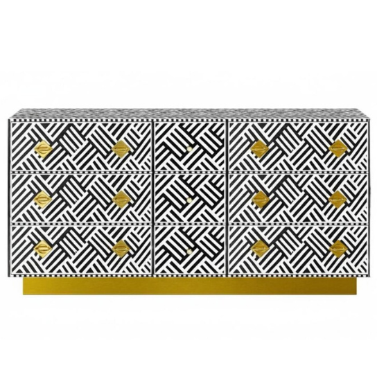 Handmade Bone Inlay Dresser Black & White Geometric Console, Art Deco Glam
