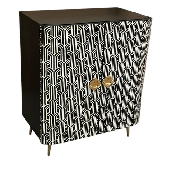 Handmade Bone Inlay Cabinet: Geometric Black and White Sideboard with Brass Handles