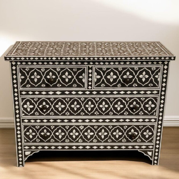 Pink Bone Inlay Dresser: Handmade Boho Chic 4-Drawer Cabinet