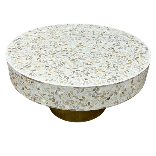 Mother of Pearl Inlay Coffee Table: Handmade Floral Center Table with Gold Base