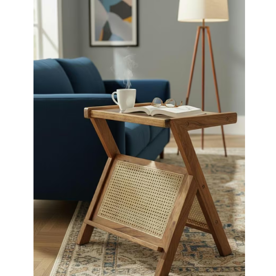 Handmade Cane Side Table with Glass Top | Boho Accent Table