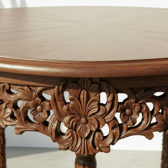 Handcrafted Round Shape Solid Wood Carved Dining Table — Floral Engraved Entryway Table