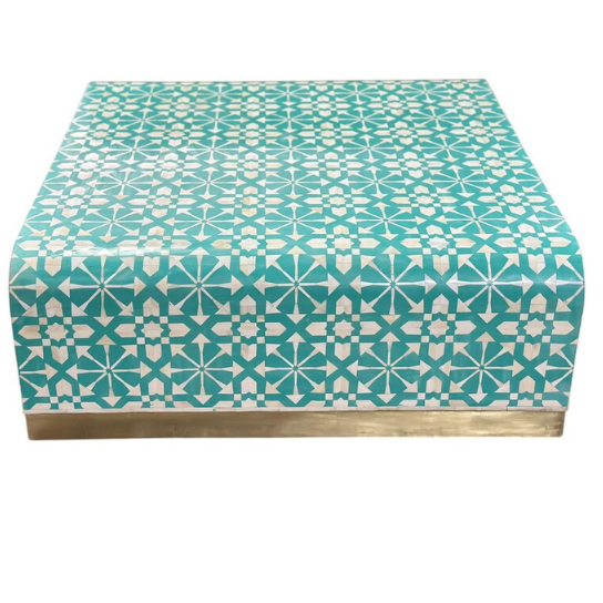 Turquoise Bone Inlay Coffee Table: Handmade Geometric Accent Table