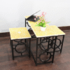 Handmade Bone Inlay Study Table with Stools: Yellow Floral Design