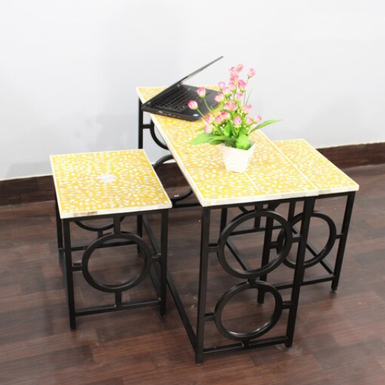 Handmade Bone Inlay Study Table with Stools: Yellow Floral Design
