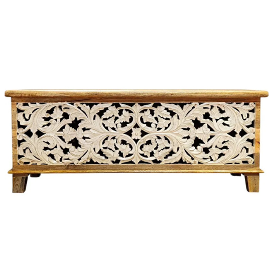 Hand-Carved Mango Wood Chest – Floral Indian Blanket Box | Boho Storage Trunk
