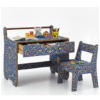 Handmade Blue Floral Bone Inlay Kids Desk and Chair Set-Kids Christmas Gift