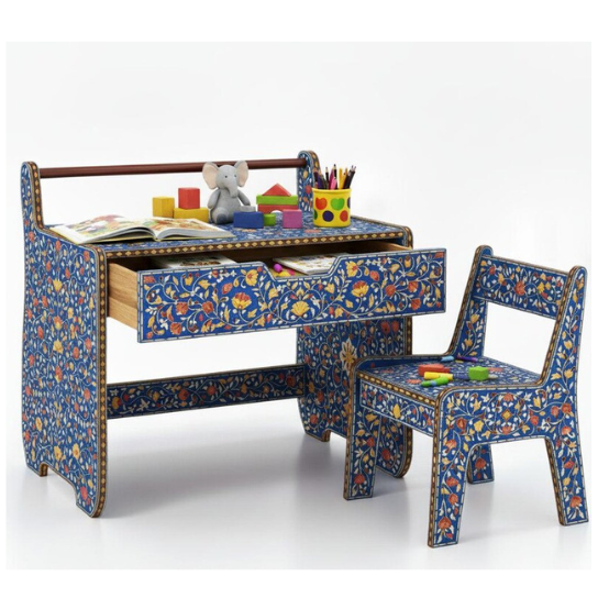 Handmade Blue Floral Bone Inlay Kids Desk and Chair Set-Kids Christmas Gift