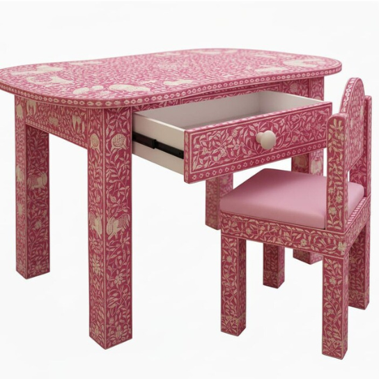 Handmade Pink Bone Inlay Kids Desk and Chair Set - Floral Nursery Furniture-Kids Christmas Gift
