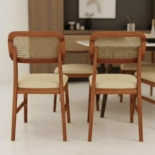 Mid-Century Modern Dining Chair | Cane Backrest, Upholstered Seat