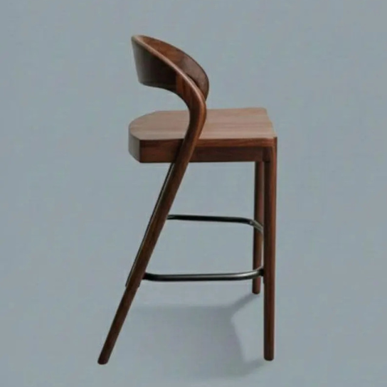 Handmade Modern Walnut Finish Wooden Bar Stool with Backrest Mid-Century Dining Stool