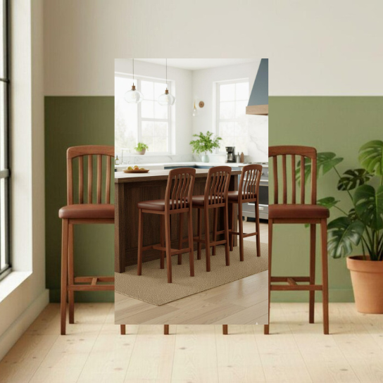 Handmade Mango Wood Bar Stool | Brown Leather Seat, Rustic Farmhouse