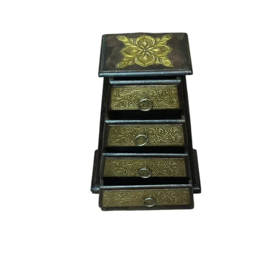Handmade Brass Embossed Wooden Jewelry Gift Box | Indian Storage Organizer