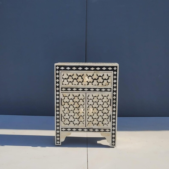 Handmade Bone Inlay Nightstand: Hexagon Geometric, Boho Side Table