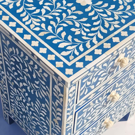 Navy Blue Bone Inlay Nightstand | Coastal Accent Chest | 3-Drawer Bedside Table | Bohemian Storage Cabinet