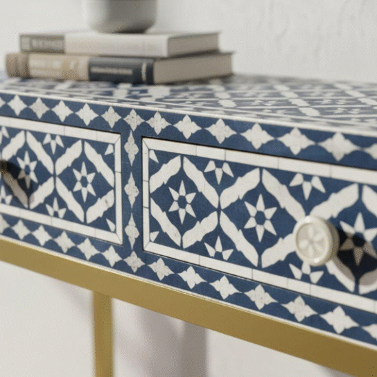 Blue Bone Inlay Console Table: Handmade Floral Desk with Brass Base
