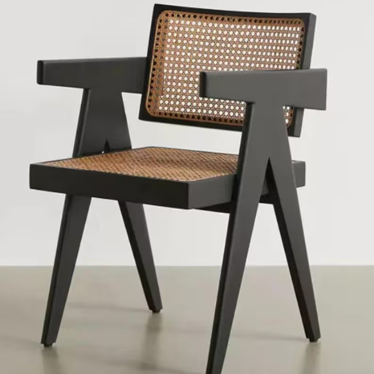 Handmade Pierre Jeanneret Style Back Accent Wooden Chair: Mid-Century Modern Style Rattan Cane