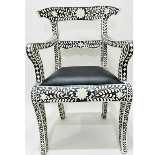 3 Handmade Bone Inlay Armchair: Black & White Floral Carved Accent Chair